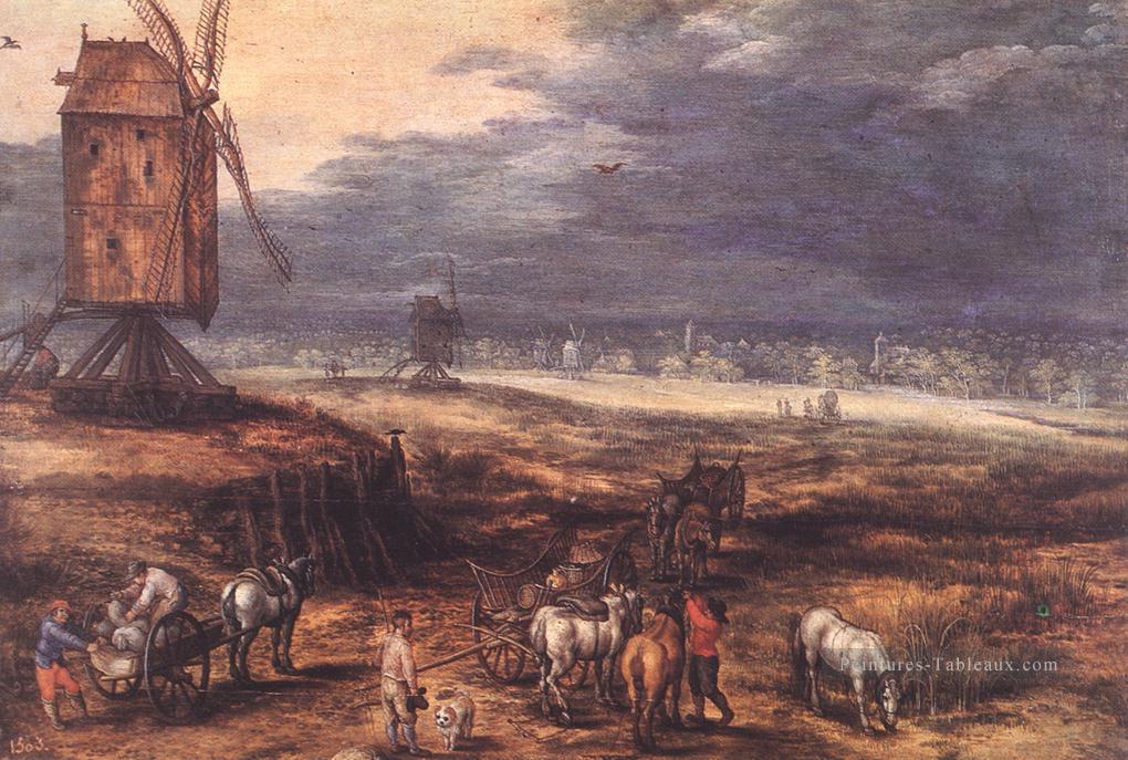Paysage avec des moulins à vent flamand Jan Brueghel l’Ancien Peintures à l'huile